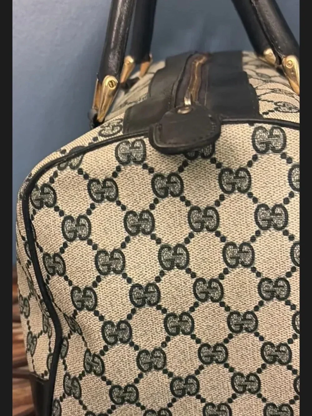 Gucci Beige Monogram Canvas Satchel with Black Leather Trim